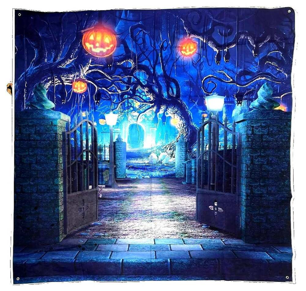 Halloween Backdrop 71"x71"/ Forest Cemetery Horror Pumpkins Graveyard w/Grommets